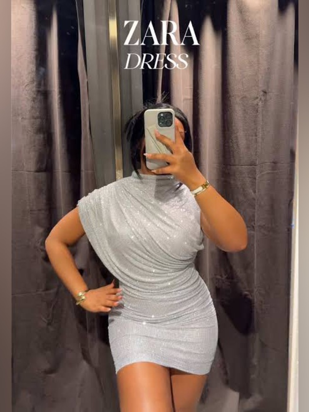 ZARA Silver One-Shoulder Ruched Mini Dress - Picture 4 of 5